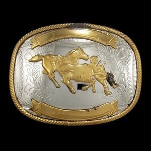 Vintage Belt Buckle Steer Wrestling German Silver Gold Rodeo Western Oval